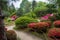 Azalea  blossom  and pond  in Japanese  Garden