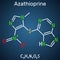 Azathioprine, AZA molecule. It is immunosuppressive agent, medication. Structural chemical formula on the dark blue background
