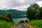 Azerbaijan, Goygol: Panoramic view landscape scenery on famous Lake