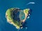 Azores aerial panoramic view. Top view of Islet of Vila Franca do Campo. Crater of an old underwater volcano. San Miguel island, A