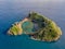 Azores aerial panoramic view. Top view of Islet of Vila Franca do Campo. Crater of an old underwater volcano. San Miguel island, A