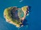 Azores aerial panoramic view. Top view of Islet of Vila Franca do Campo. Crater of an old underwater volcano. Sao Miguel island, A