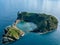 Azores aerial panoramic view. Top view of Islet of Vila Franca do Campo. Crater of an old underwater volcano. Sao Miguel island, A