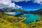 Azores panoramic view of natural landscape, wonderful scenic island of Portugal. Beautiful lagoons in volcanic craters and green