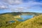 Azores, Portugal. Beautiful lagoon on the island of Sao Miguel, travel destination. Breathtaking natural landscape in the backgrou