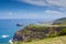 Azores, Portugal. Outdoor natural landscape on the atlantic coast, amazing travel destination. Beautiful seascape with with farms