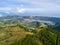 Azores, the safest European holiday destinations for post-pandemic travel. Drone aerial view of volcanic landscape. Sao Miguel isl