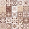 Azulejo talavera spanish ceramic tiles floral pattern, brown beige monochrome vintage background, vector illustration