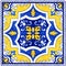 Azulejos tile bandana. Traditional Portuguese Mosaic tile decoration. Watercolor blue and yellow artwork.