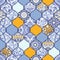 Azulejos tiles patchwork. Hand drawn seamless abstract pattern. Islam, Arabic, Indian, Ottoman motifs. Majolica pottery tile, blue