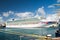 Azura cruise liner docked in sea port. P O Cruises. Cruise liner transport. Travelling by sea on cruise liner