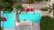 Azure clean swimming pool at tourist house. Cyan pool water roof of house tops of palm trees, top aerial above view