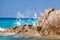 Azure coast of Calabria with sailboats on open sea in Vibo Valentia, Calabria, Southern Italy
