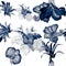 Azure Hibiscus Plant. Indigo Flower Painting. Blue Watercolor Palm. Navy Floral Set. Seamless Illustration. Pattern Set. Tropical