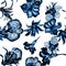 Azure Hibiscus Set. Blue Flower Wallpaper. Navy Watercolor Foliage. Indigo Floral Decor. Seamless Wallpaper. Pattern Decor. Tropic