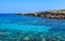Azure Lagoon on the island of Cyprus. Mediterranean coastline. Background. Copy space