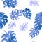 Azure Monstera Pattern Backdrop. Seamless Set. Indigo Watercolor Decor. Tropical Illustration.