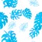 Azure Monstera Pattern Background. Seamless Print. Navy Watercolor Design. Tropical Wallpaper. Floral Jungle. Summer Illustration.