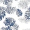 Azure Monstera Pattern Leaves. Seamless Wallpaper. Blue Watercolor Textile. Tropical Monstera. Floral Decor. Summer Leaf.Vintage D
