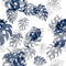 Azure Monstera Pattern Wallpaper. Seamless Print. Indigo Watercolor Print. Tropical Leaf. Floral Wallpaper. Summer Jungle.Vintage