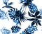 Azure Monstera Textile. Cobalt Banana Leaf Design. Blue Seamless Backdrop. Navy Pattern Leaf. Indigo Watercolor Leaves. Tropical W