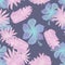 Azure Seamless Texture. Blue Pattern Textile. Pink Tropical Design. Gray Drawing Palm. Violet Decoration Plant.