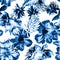 Azure Watercolor Jungle. Blue Flower Texture. Indigo Seamless Backdrop. Cobalt Pattern Painting. Navy Tropical Texture. Azure Isol