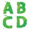 A, B, C, D, Handdrawn english alphabet - letters are made of green watercolor, ink splatter, paint splash font. Isolated on white