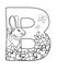 B. Capital letter B decorated with flowers, butterflies and a small bunny with a bow on the neck - vector linear picture for color