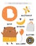 B letter objects and animals including bear, banana, button, butterfly, bag, balloon. Learn english alphabet, letters