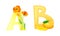 A,B letters of English alphabet with exotic mango fruit and poppy flower vector illustration