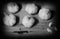 B&W Above View Group Of Garlic Cloves Up Close  Wooden Chopping Board