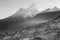 B&W Ama Dablam mountain peaks morning fog, Tengboche village, Ne