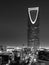 B&W night view of The Kingdom Tower `Al-Mamlaka` in Riyadh, Saudi Arabia