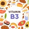 B3, health card with vitamin-rich natural food. Healthy nutrition enriched with niacin B 3. Circle frame of organic