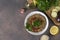 Baba ghanoush appetizer of baked eggplant with parsley, garlic, lemon and olive oil in white bowl. Arabic cuisine, Top