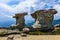 Babele - Geomorphologic rocky structures in Bucegi Mountains, Romania. Beautiful landscape of stones, sky and meadow..