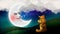 Babies bear rides his father`s neck, family bears cartoon, moon cartoon, shooting stars, night fantasy, loop animation background.