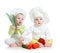 Babies boy and girl with vegetables