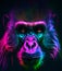 Baboon in abstract, graphic highlighters lines rainbow ultra-bright neon artistic portrait