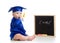 Baby academic with chalk at blackboard