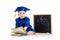 Baby in academician clothes with book and chalkboard