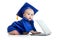 Baby in academician clothes using laptop