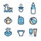 Baby accessories. Set of icons: non-spill cup with handles, feeding bottle, ball, rubber duck for bath, soother, baby monitor, cre