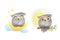 Baby animal owl sleeping and looking at moon sitting on the branch with stars in the sky. Cute clipart for small
