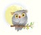 Baby animal owl watching at night sitting on the tree branch with stars in the sky and full moon. Cute clipart for