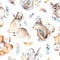 Baby animals nursery isolated seamless pattern with bannies. Watercolor boho cute baby fox, deer animal woodland rabbit