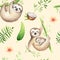 Baby animals sloth nursery seamless pattern painting. Watercolor boho tropical drawing, child tropical drawing