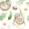 Baby animals sloth nursery seamless pattern painting. Watercolor boho tropical drawing, child tropical drawing