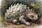 A baby Ankylosaurus curled up in a ball its hardened shell protecting it from danger.. AI generation